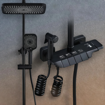 Modern black shower system with multiple heads and control panel.