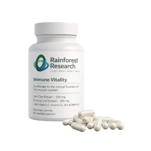 Bottle of Rainforest Research Immune Vitality capsules with white pills.