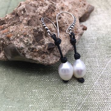freshwater pearl black greek leather earrings rocks by chaz