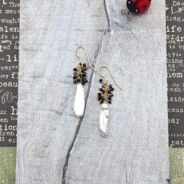 Biwa Stick Pearl Black spinel rocks by chaz gift shop earrings jewelry