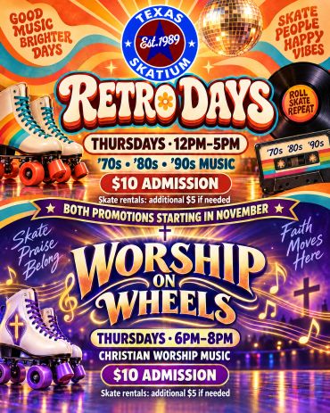 Retro Days and Worship on Wheels roller skating events in Texas.