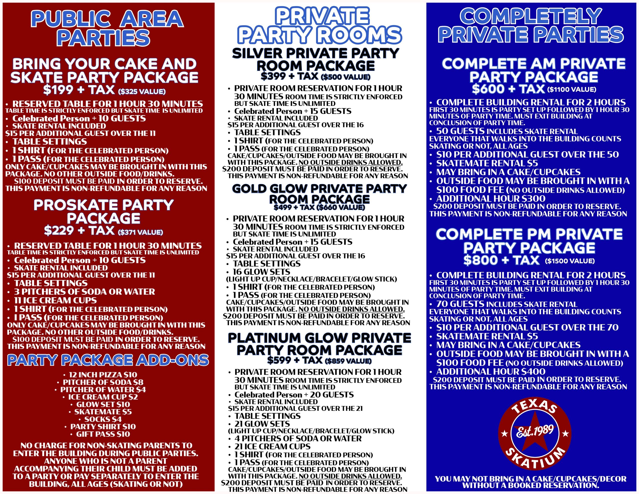 Party package options for public, private, and completely private parties at Texas Skatium.