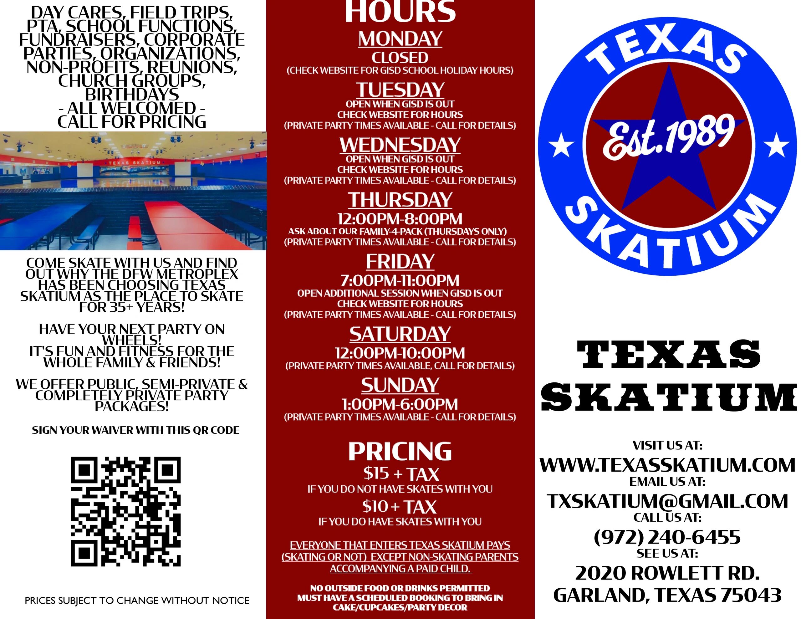 Texas Skatium skating rink with hours, pricing, and contact info.