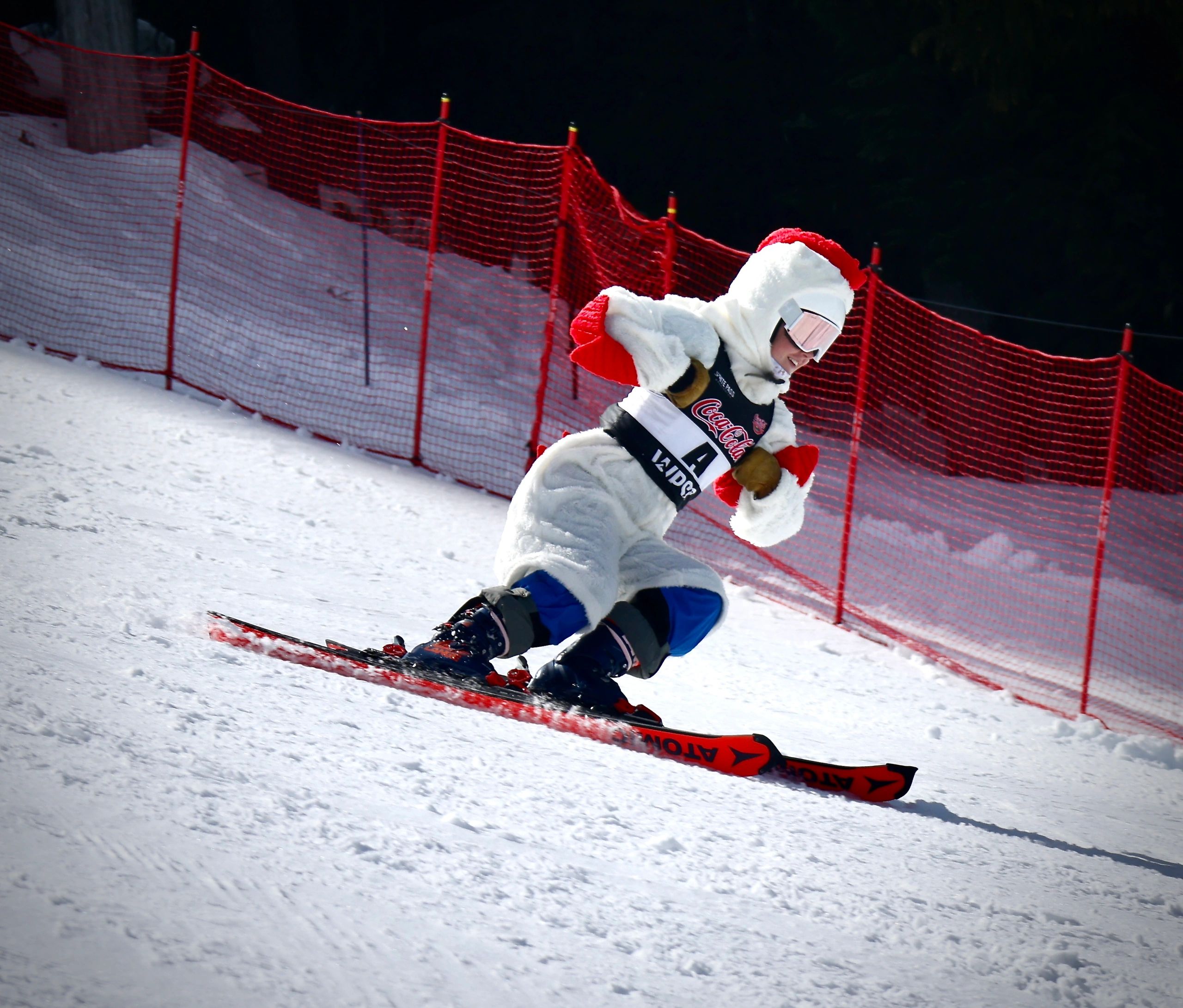 Ski racer in a white chicken costume flapping arms like wings as they ski down
