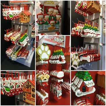 Christmas dog-themed ornaments including houses, bones, and paw prints.