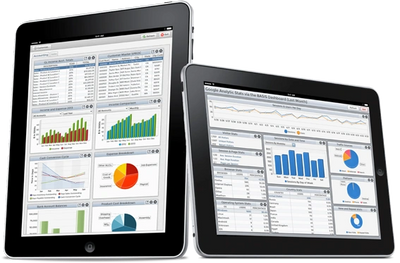 Two tablets displaying various business charts and analytics dashboards.