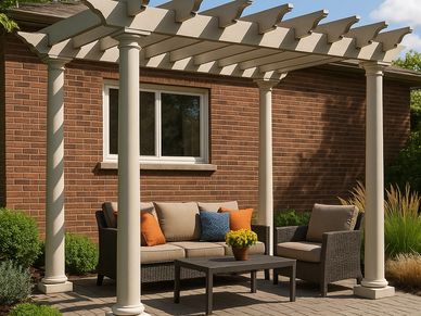 Patio Pergola over patio furniture with round columns installed onto concrete pad