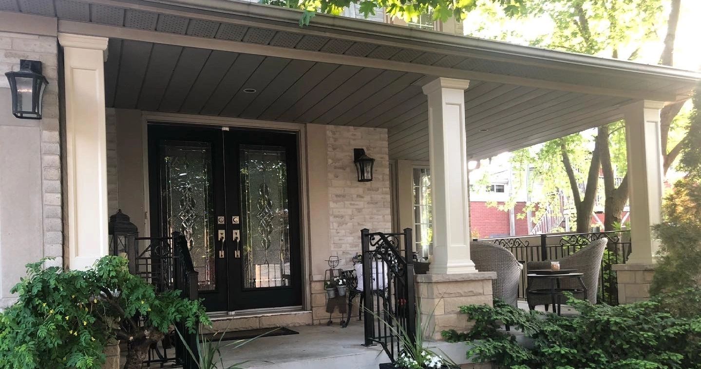 10" Recessed Panel Fibreglass Columns installed on brick pedestals in Burlington Ontario