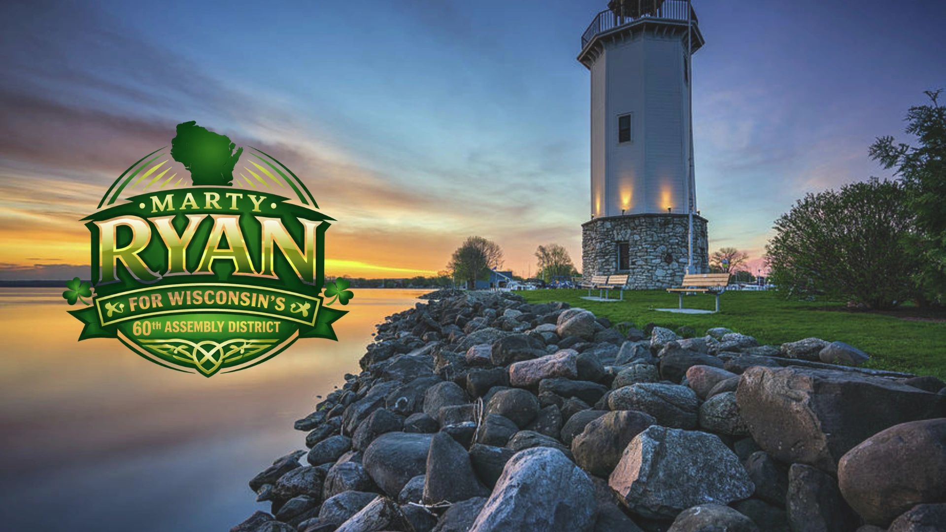 Scenic lakeside lighthouse at sunset with Marty Ryan campaign logo for Wisconsin's 60th Assembly District.