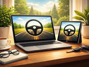 Laptop and tablet on desk with steering wheel and road displays.