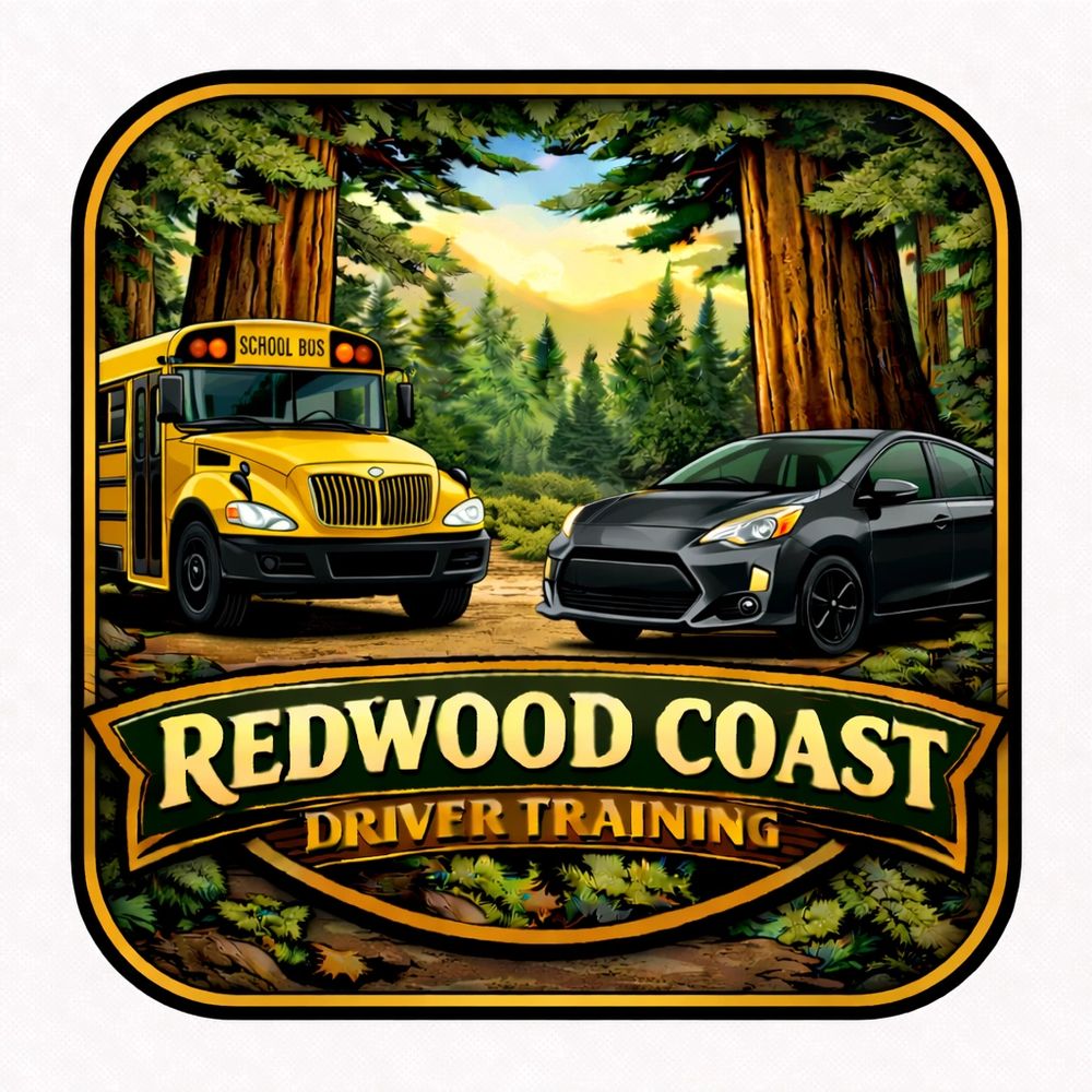 Logo for Redwood Coast Driver Training with a school bus and car in a forest setting.