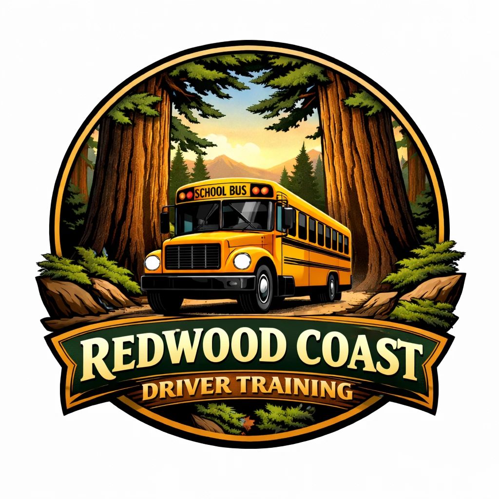 Logo of Redwood Coast Driver Training featuring a yellow school bus and redwood trees.