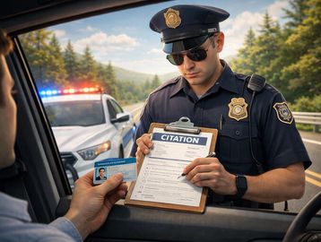 Police officer issuing a citation to a driver during a traffic stop.
