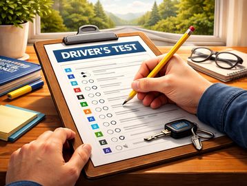 Person taking a driver's test with pencil on clipboard at a wooden desk.