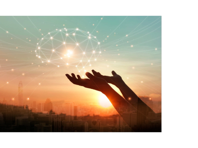 Hands reaching toward a glowing digital brain over a city at sunset.