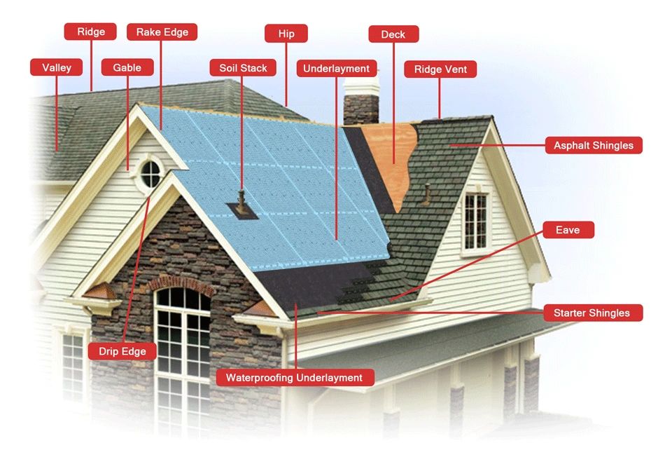 graphic displaying various parts of roof system with labels