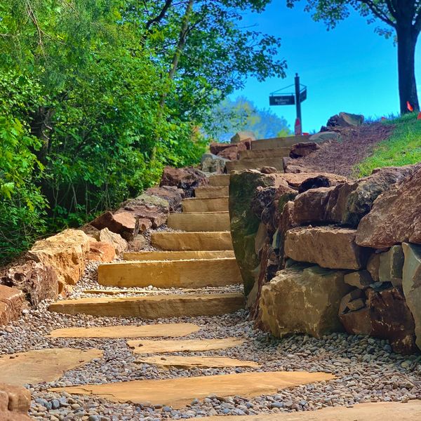 Woodland Garden Walk Path Stone Staircase Landscape Design Boulder Wall