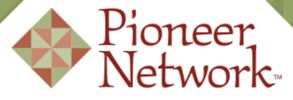 Logo of Pioneer Network with geometric design and text.