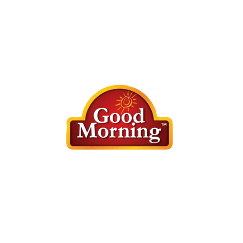 Red and yellow 'Good Morning' graphic with sun icon.