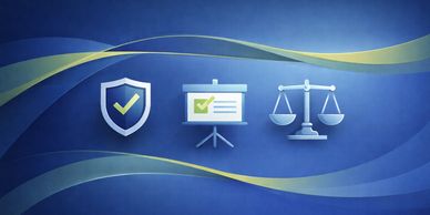 Icons of security, approved checklist, and justice scales on a blue background.