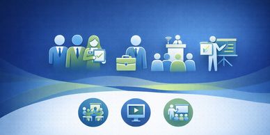 Illustration of business and communication icons on blue background.