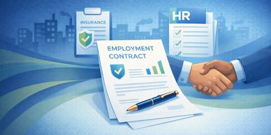 Handshake over an employment contract with insurance and HR documents in the background.