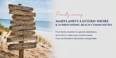 Signpost pointing to Maryland's Eastern Shore counties on a beach.