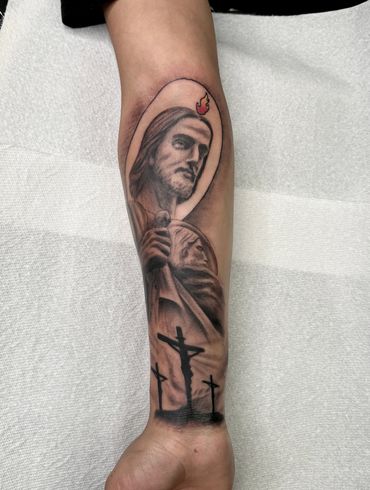 St. Jude black and grey realism tattoo