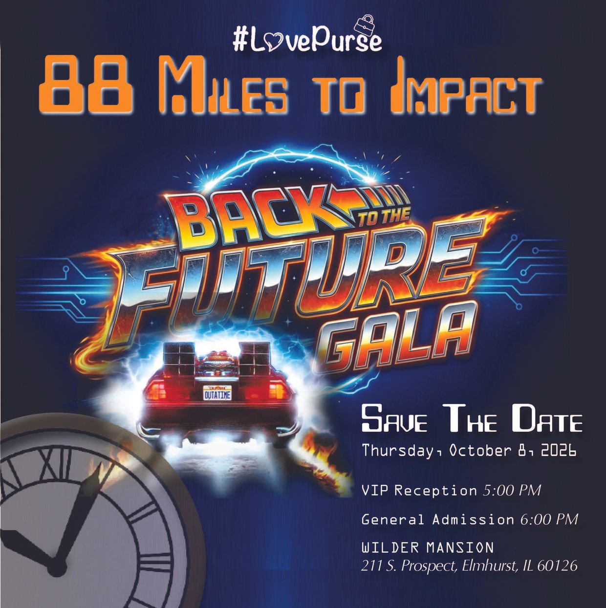 Back to the Future Gala event announcement for October 8, 2026, at Wilder Mansion.