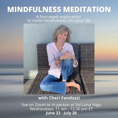 A woman sitting on a wicker chair, promoting a mindfulness meditation course.