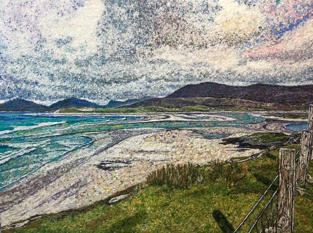 A painting created from Harris Tweed of the view from Seilebost to Luskentyre on the Isle of Harris.