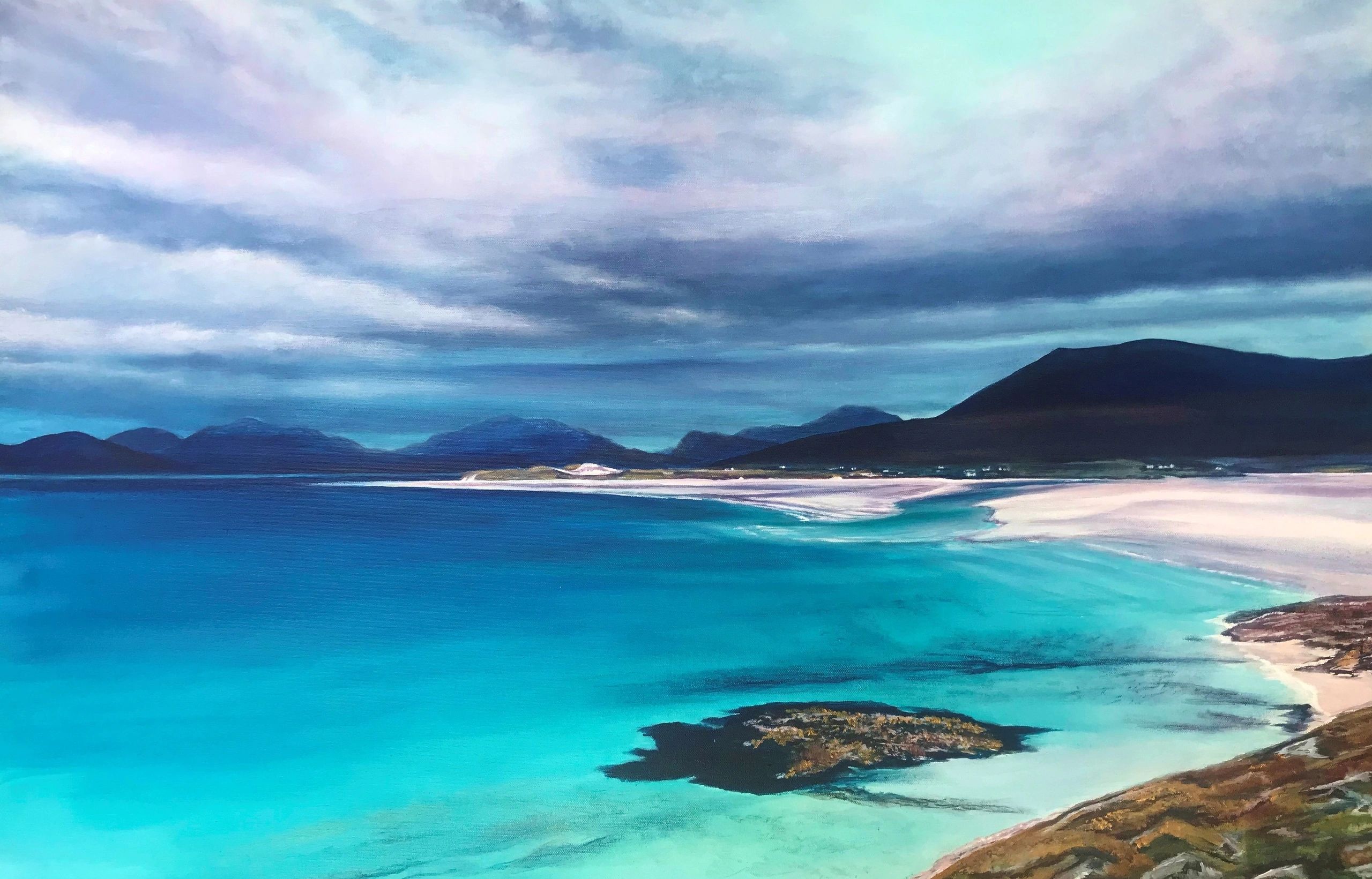 A beautiful painting of a tranquil view of Luskentyre Bay on the Isle of Harris in Scotland - white 