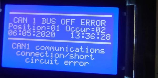Digital screen showing CAN 1 bus off error with date and time.