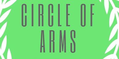Logo with text 'Circle of Arms' on a green background with white laurel leaves.