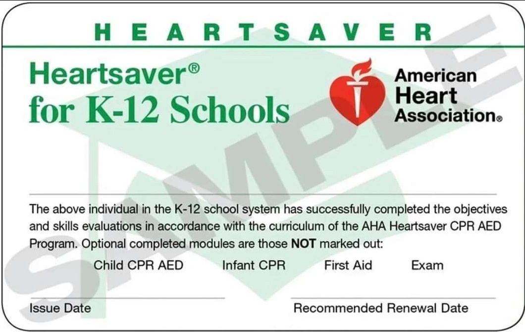 Certificate for Heartsaver CPR AED program for K-12 schools.