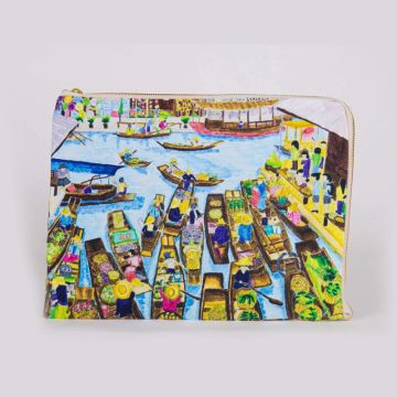 Colorful pouch with a floating market illustration.