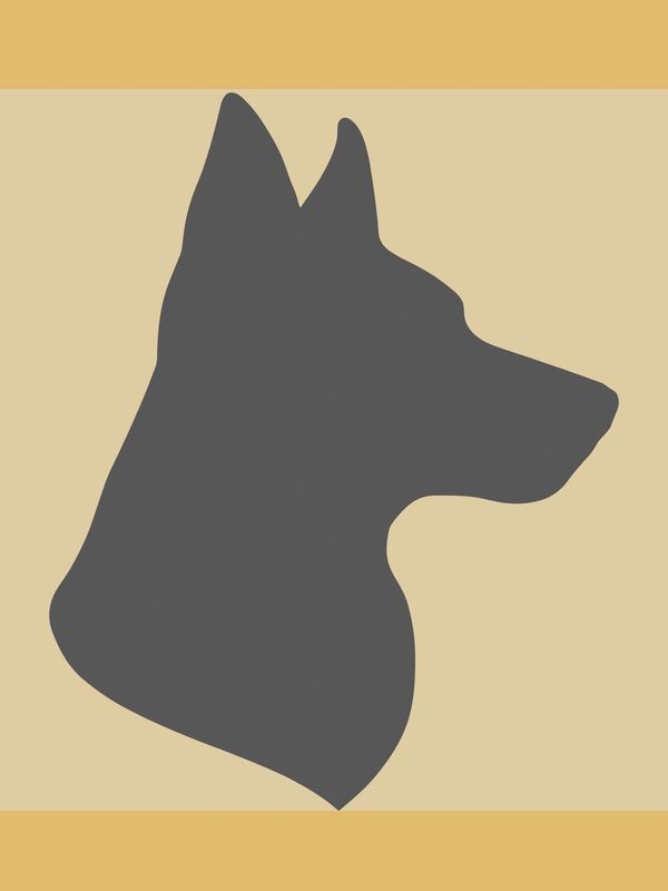 Minimalist silhouette of a dog's head in profile against a beige background.