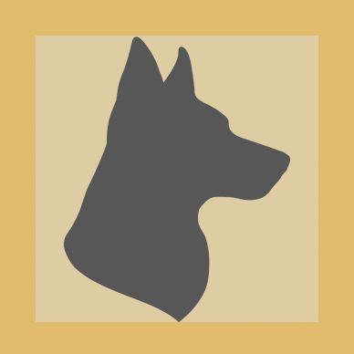 Silhouette of a dog's head in profile against a beige and mustard background.
