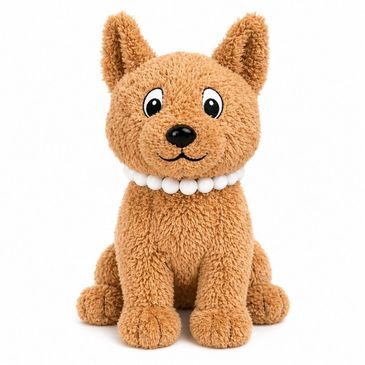 Cute brown plush dog toy with a white bead necklace.
