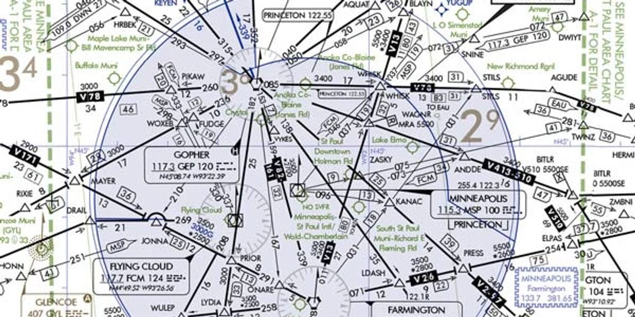 Section of Minneapolis-St. Paul Class B airspace sectional chart with navigation aids and airways.