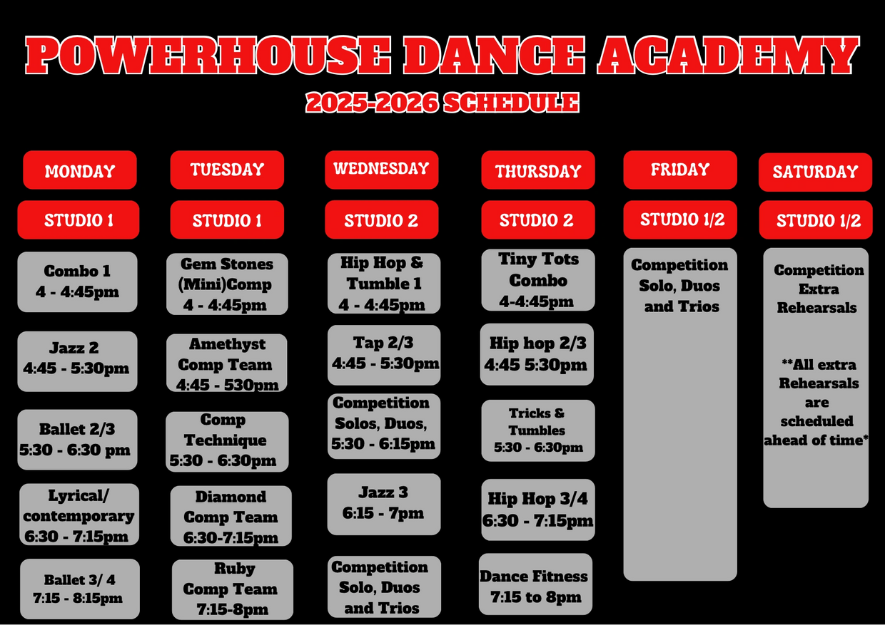 PowerHouse Dance Academy 2025-2026 schedule 