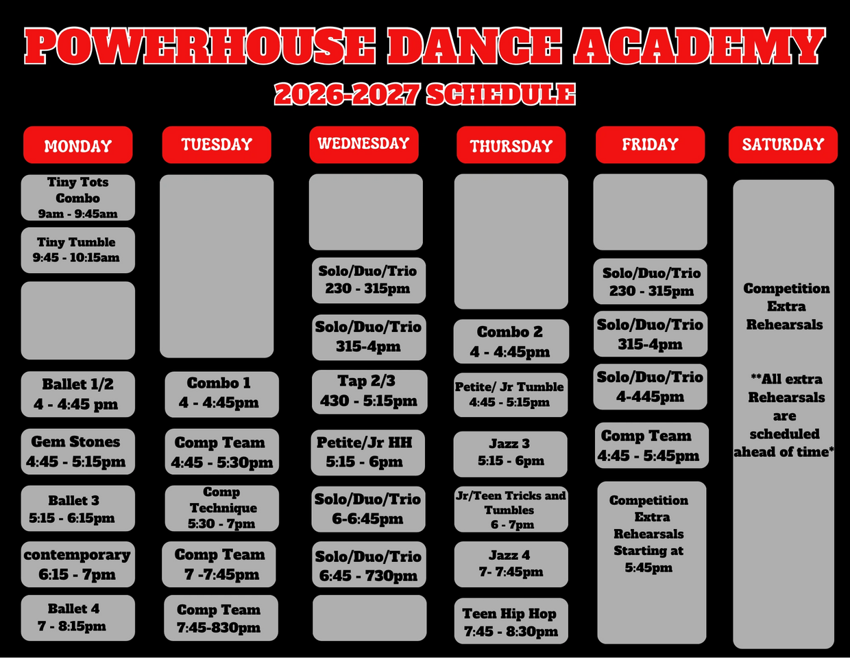 PowerHouse Dance Academy 2026-2027 schedule 