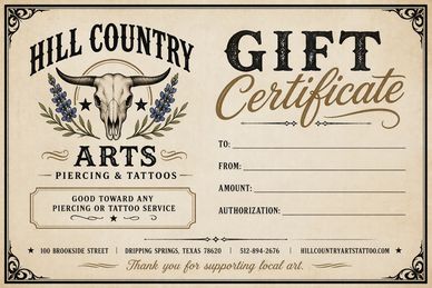 Hill Country Arts gift certificate for piercing and tattoo services.