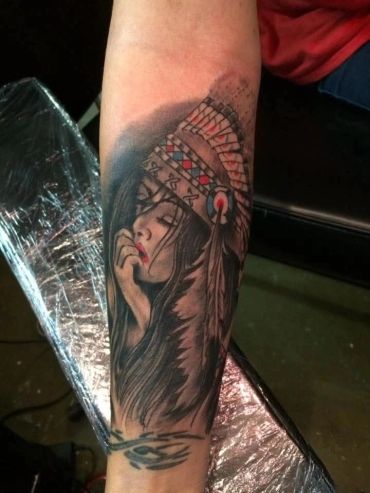 Native American woman portrait tattoo.