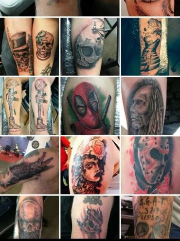 Grid of nine different tattoo designs.