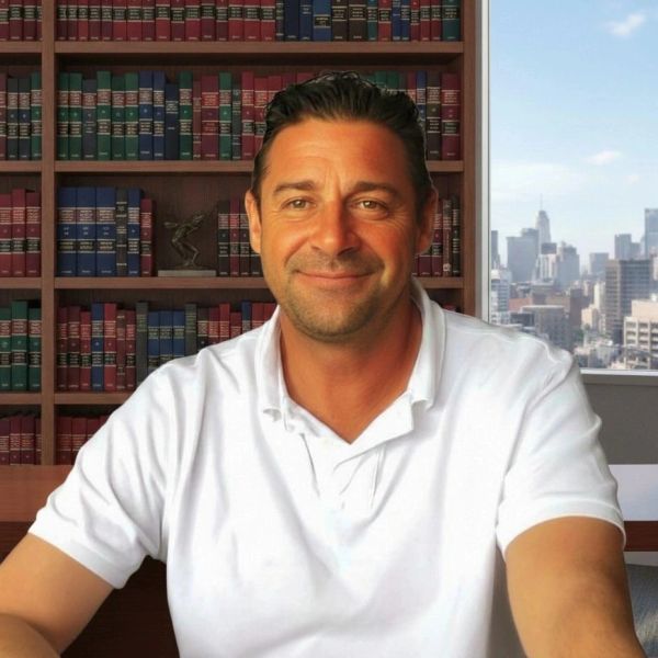 Man smiling in a white polo shirt with bookshelves and cityscape behind.