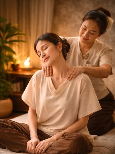 A woman receiving a relaxing shoulder massage in a cozy room.