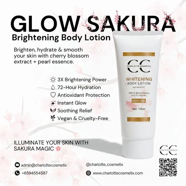 Glow Sakura Brightening Body Lotion hydrates and brightens with cherry blossom and pearl essence.