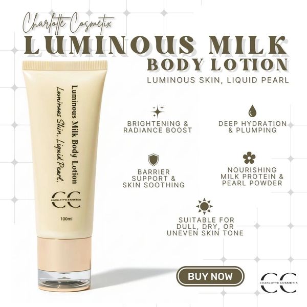 Charlotte Cosmetix Luminous Milk Body Lotion for radiant, hydrated skin.