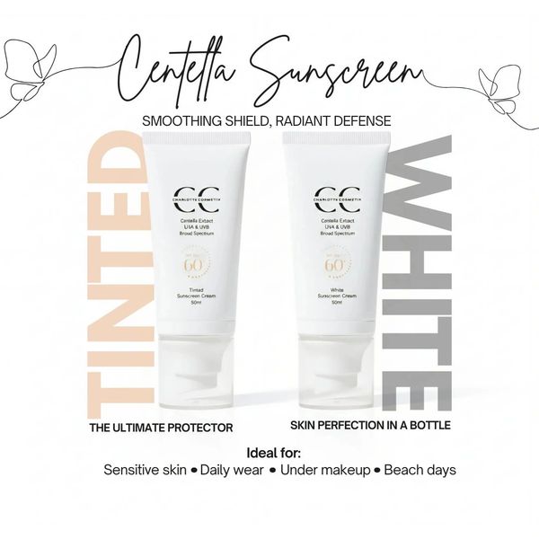 Centella Sunscreen available in tinted and white for smooth, radiant skin protection.